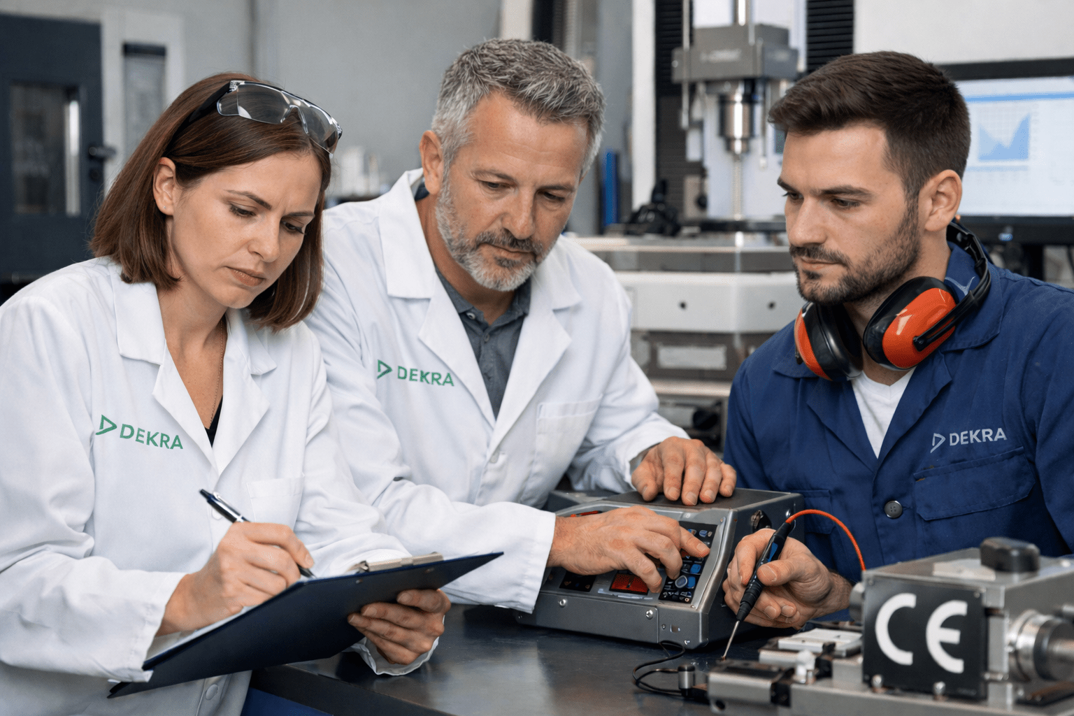 Técnicos certificados realizando ensayos de productos CE en laboratorio